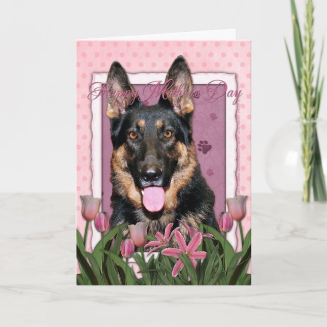 Carte Fête des mères - Tulipes roses - Berger allemand - (Devant)
