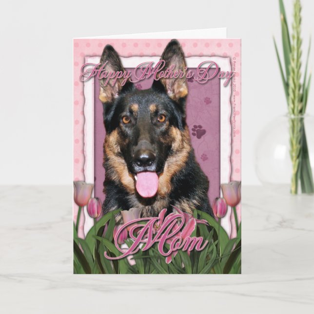 Carte Fête des mères - Tulipes roses - Berger allemand - (Devant)