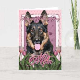 Carte Fête des mères - Tulipes roses - Berger allemand -