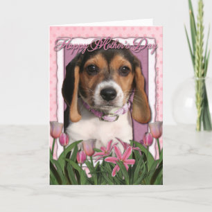 Carte Fête des mères - Tulipes roses - Chiot Beagle