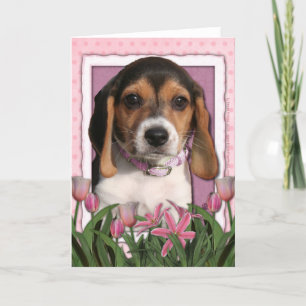 Carte Fête des mères - Tulipes roses - Chiot Beagle