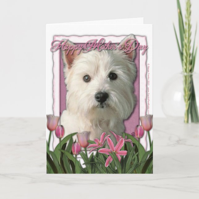 Carte Fête des mères - Tulipes roses - Westie (Devant)