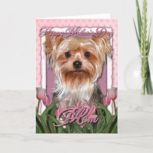 Carte Fête des mères - Tulipes roses - Yorkshire Terrier