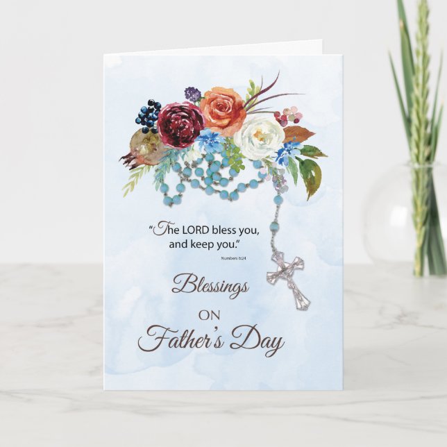 Carte Fête des pères catholique Bleu Rosaire Fleurs colo (Devant)