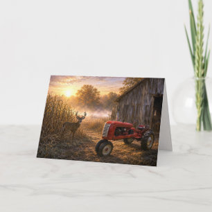 Carte Fête des Pères Cerf de Virginie et Tracteur Ancien