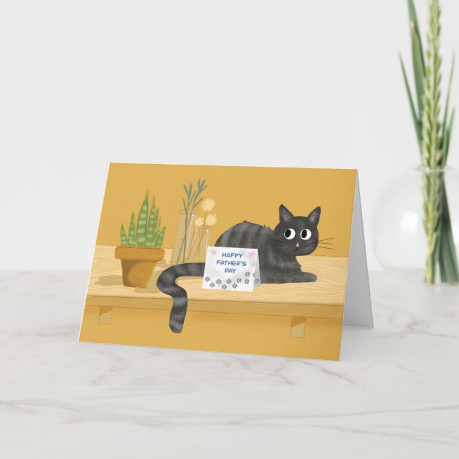 Carte Fête des pères Drôle Chat sur table avec Plantes (Devant)