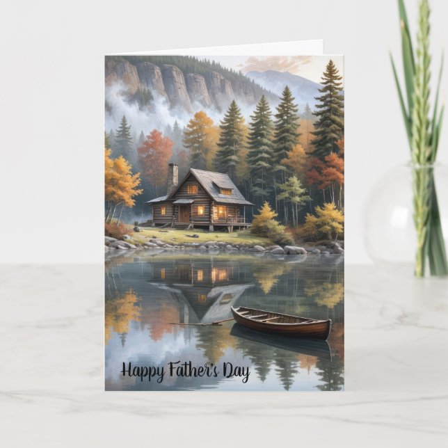 Carte Fête des pères Mountain Log Cabine avec bateau à m (Devant)