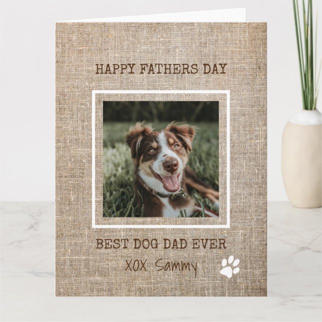 Carte Fête des pères photo Best Dog Papa Jamais Burlap (Devant)