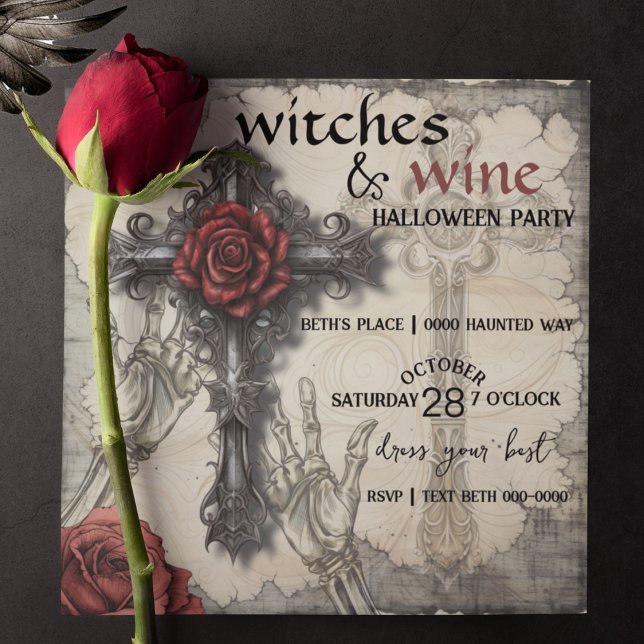 Carte Fête des sorcières et du vin d'Halloween (Halloween party witches and wine with celtic cross and red rose Victorian style and customizable. )