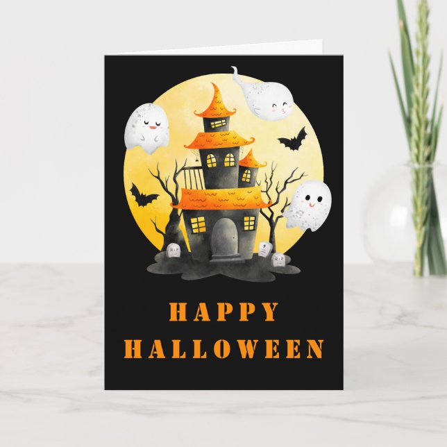 Carte Fête d'Halloween avec Maison hantée et Fantômes (Devant)