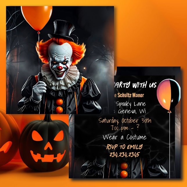 Carte Fête d'Halloween Terrifiant Clown tenant des ballo (Créateur téléchargé)