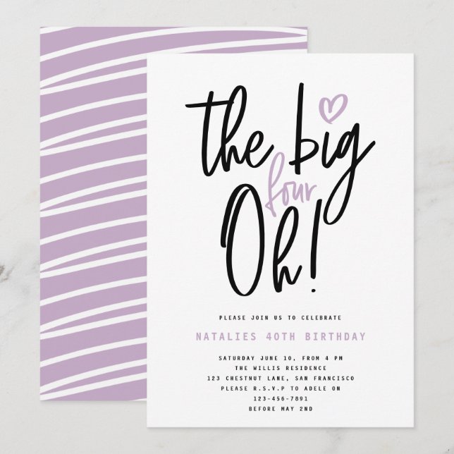 Carte Fête du 40ème anniversaire violet typographie mode (Devant / Derrière)