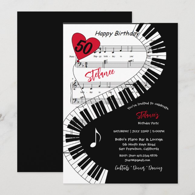 Carte Fête du 50e anniversaire, Piano Keys Musique, Invi (Devant / Derrière)