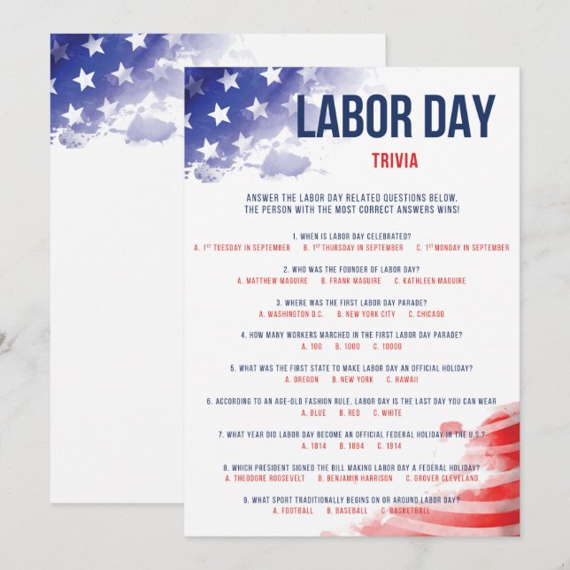 Carte Fête du Travail Jeu USA Quiz Rouge Blanc & Bleu (Devant / Derrière)