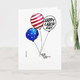 Carte Fête du Travail - Souris volante avec ballons.