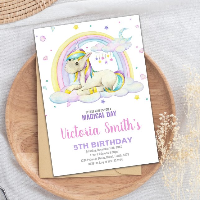 Carte Fête Imaginaire Filles Editable avec Pastel (Rainbow Cloud Unicorn Birthday Invitations)