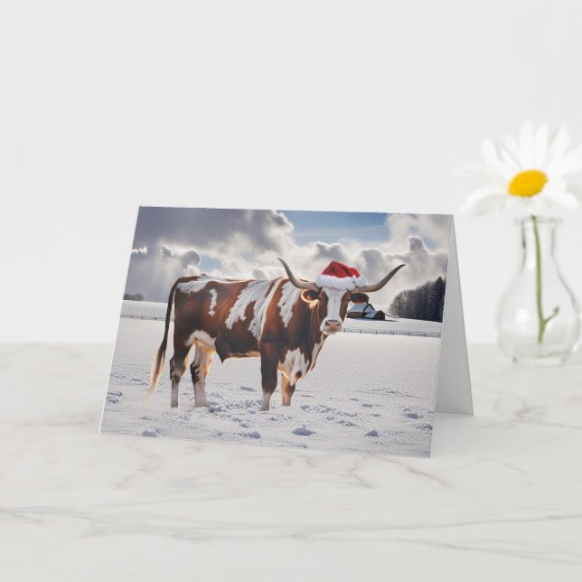 Carte Fêtes de Noël Salutations Longhorn Cow (Petite plante)
