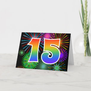 Carte Feu d'artifice coloré + Motif arc-en-ciel "15" N° 