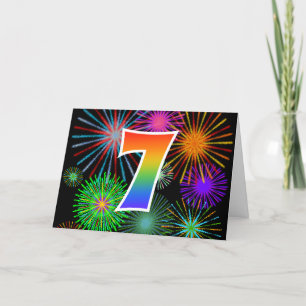 Carte Feu d'artifice coloré + Motif arc-en-ciel "7" N° d