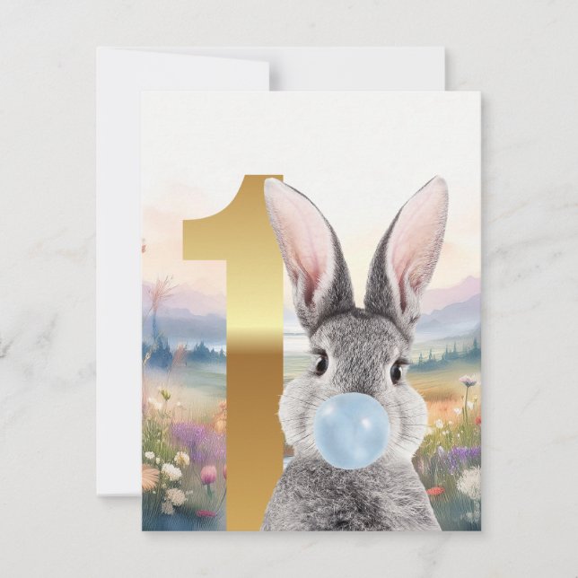 Carte Feu de lapin bleu bulle gomme Premier anniversaire (Devant)
