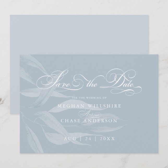 Carte Feuillage blanc moderne sur bleu Dusty (Devant / Derrière)