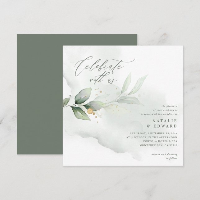 Carte Feuillage d'Eucalyptus, mariage chic en or vert ol (Devant / Derrière)