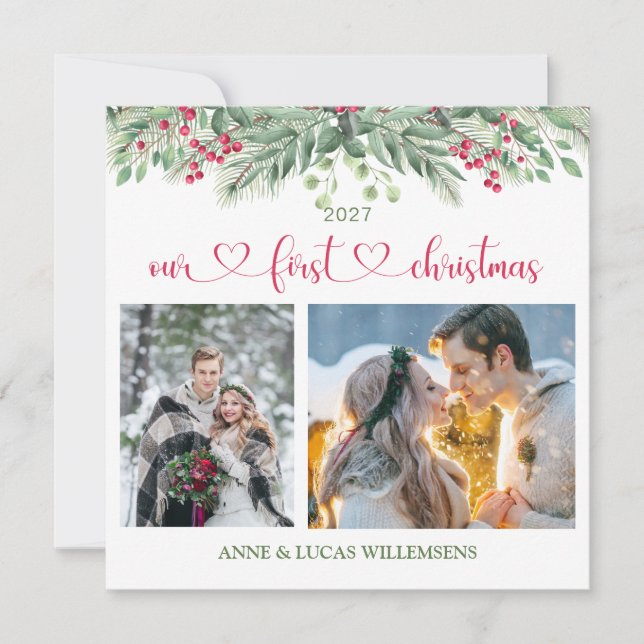 Carte Feuillage vert Berry rouge Notre 1ère photo de Noë (Devant)