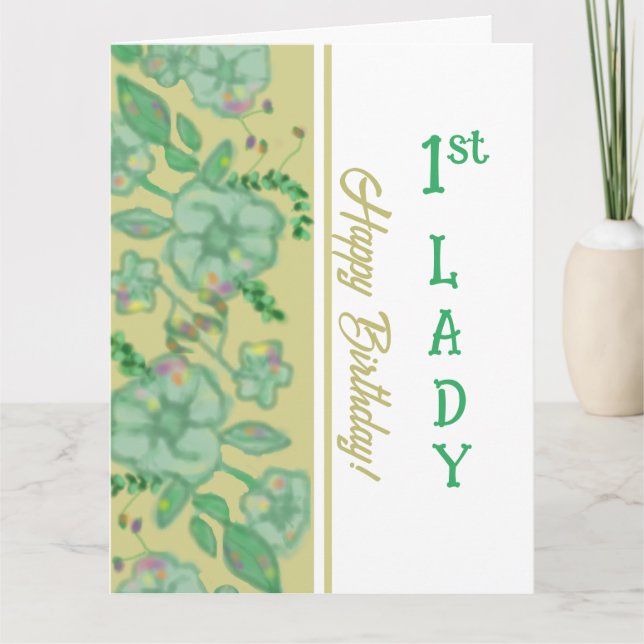 Carte Feuillage vert Or floral 1ère dame Anniversaire (Devant)