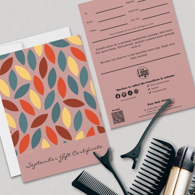 Carte Feuille Colorful Septembre Certificat cadeau (Leaves Colorful September Gift Certificate, Professional QR Code, Logo, Social, Note)
