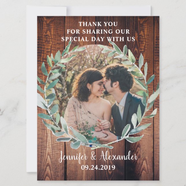 Carte Feuilles botaniques sur Merci de bois mariage phot (Devant)