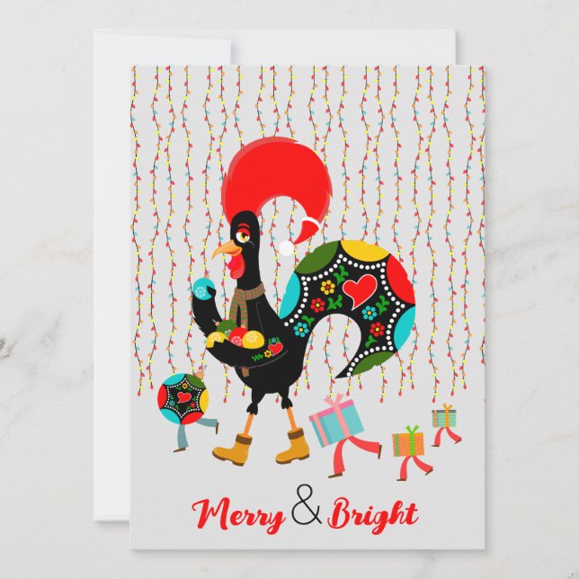 Carte Feux de Noël, baubles, cadeaux et coq (Devant)