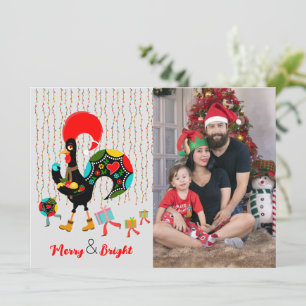 Carte Feux de Noël, baubles, cadeaux et coq