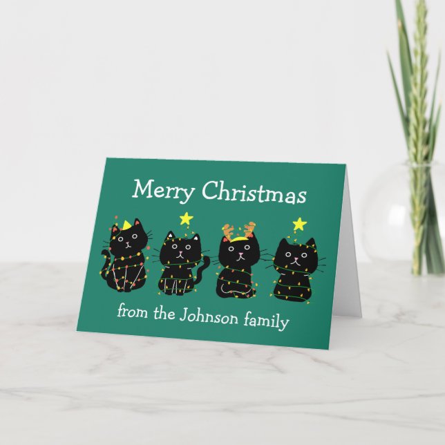 Carte Feux de Noël de chats personnalisés Green Holiday (Devant)