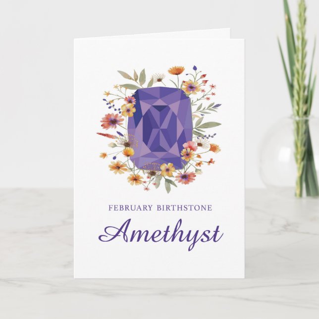 Carte Février Birthstone Amethyst Anniversaire avec fleu (Devant)