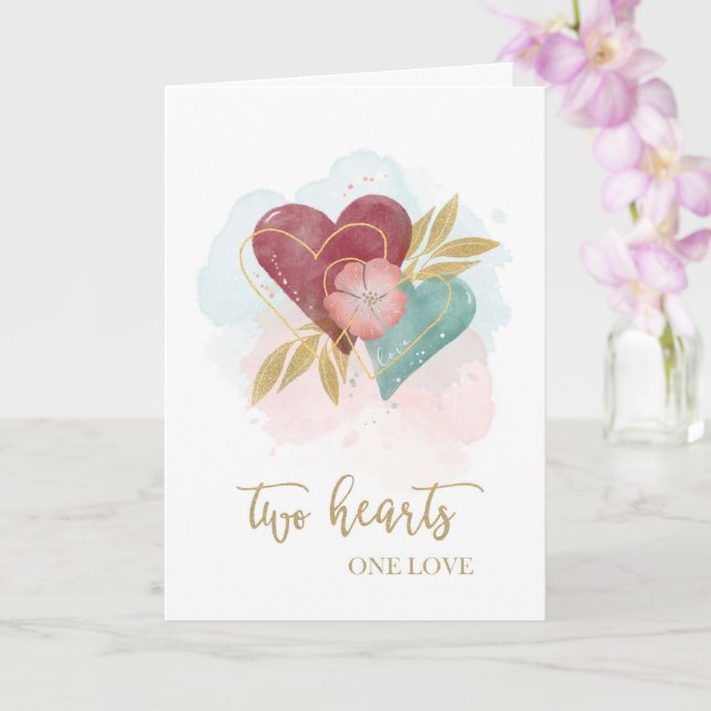 Carte Fiançailles Félicitations Aquarelle Deux Coeurs (Orchidée)