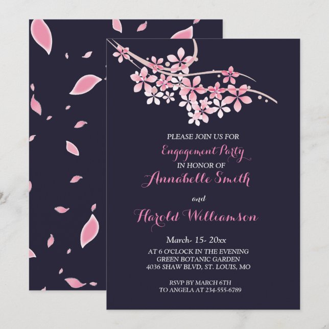 Carte Fiançailles    navyfloral rose cerisier en f (Devant / Derrière)