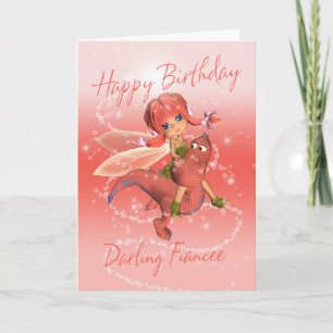Carte Fiancee Cute Anniversaire, dragon rose avec 