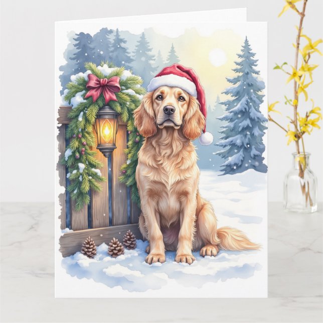 Carte Field Spaniel Snowy Fence Santa Hat Christmas Art (Fleur jaune)