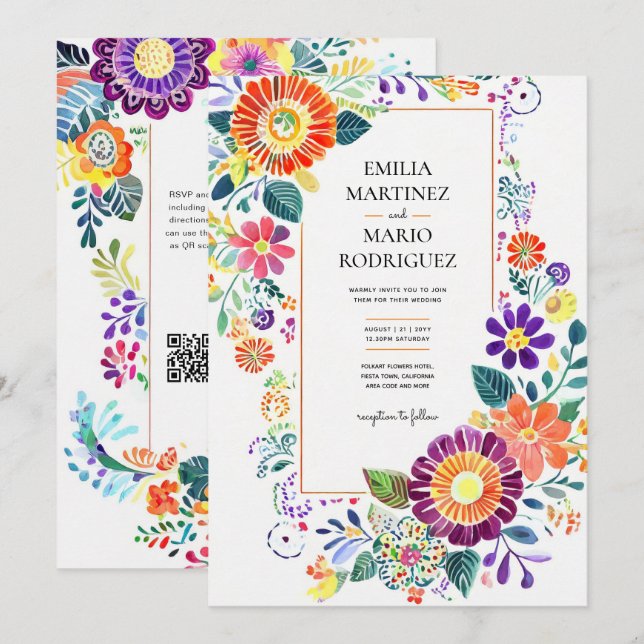 Carte FIESTA MARIAGE - Fleurs Folkart Moderne (Devant / Derrière)