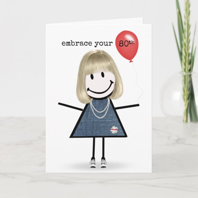 Carte Figure 80e Anniversaire fille avec ballon rouge (Devant)