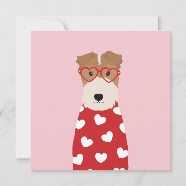 Carte Fil Fox Terrier Verres Coeur chien de chien rose (Devant)