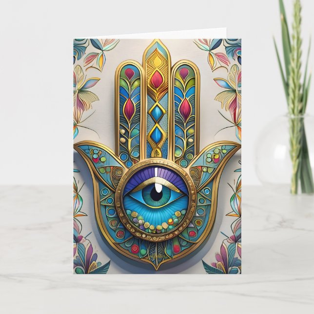 Carte Filigree couleur or bleu-vert troisième oeil Hamsa (Devant)