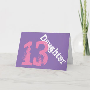 Carte Fille, 13ème anniversaire, blanc, rose sur violet.