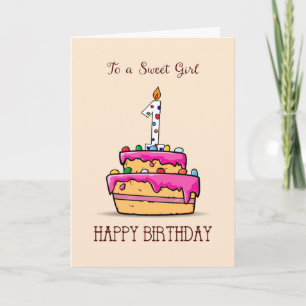 Carte Fille 1er anniversaire, 1 sur le gâteau rose doux