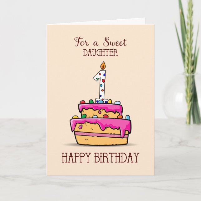 Carte Fille 1er anniversaire, 1 sur le gâteau rose doux (Devant)