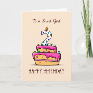 Carte Fille 2e anniversaire, 2 sur Gâteau rose doux