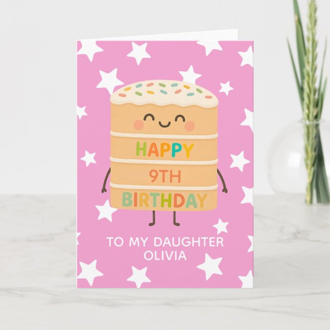 Carte Fille 9Anniversaire Cute Pink Cake Custom (Devant)