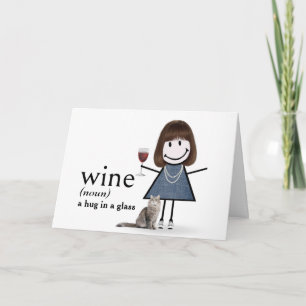 Carte Fille à bâtons pour anniversaire avec vin et chat