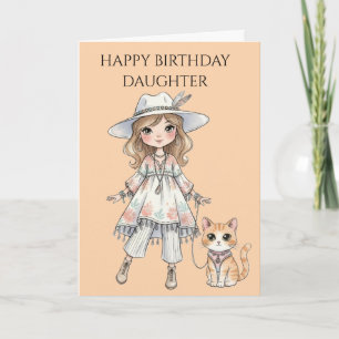 Carte Fille à la mode se promenant avec son chat