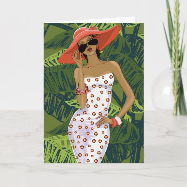 Carte Fille à la mode tropicale en grand Casquette rouge (Devant)